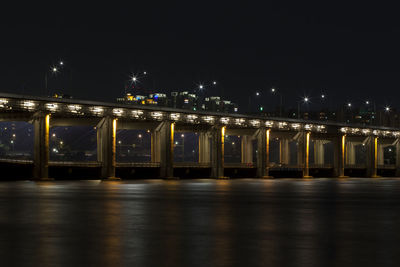 Illuminated banpo bridge over han river in city at night