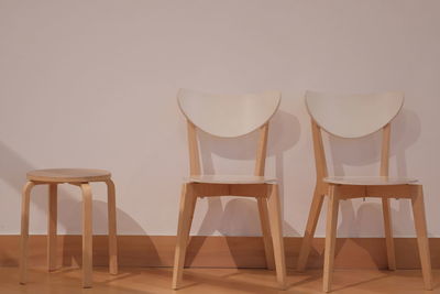 Close-up of chairs on table against wall at home ,interior of ventage .