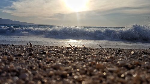 Close-up of pebbles on beach against sky during sunset