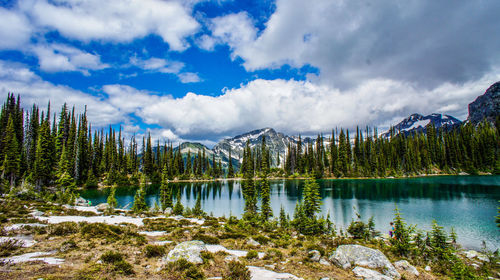 Scenic view of lake and mountains against sky