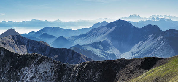 Panoramic view of snowcapped mountains against sky