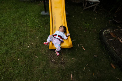 High angle view of boy on field