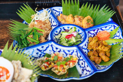 High angle view of food served on table