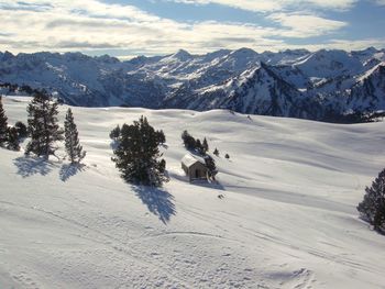 Scenic view of snow covered mountains against sky