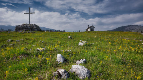 View of cross on field against sky