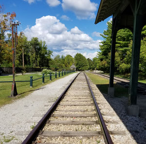 Railroad track amidst trees against sky