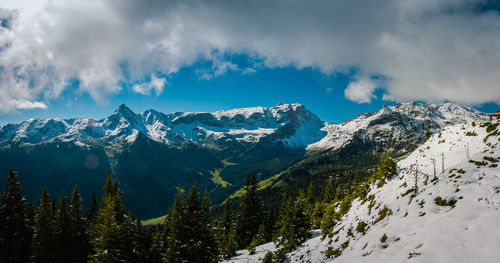 Scenic view of snowcapped mountains against sky