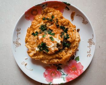 High angle view of breakfast in plate on table