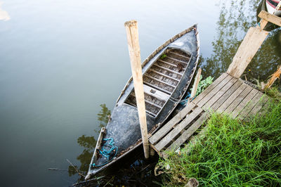 High angle view of abandoned boat on lake