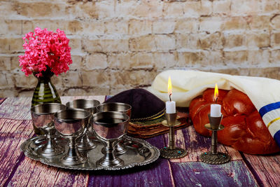 Close-up of wine bottles on table