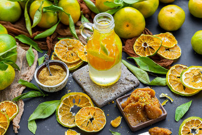 High angle view of fruits on table