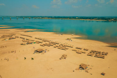 High angle view of mekong river against sky in koh pen, cambodia.