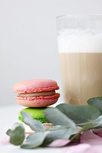 Close-up of drink on table against white background