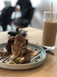 Close-up of food served on table