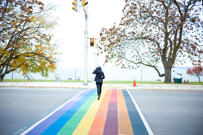 Rear view of woman walking on road