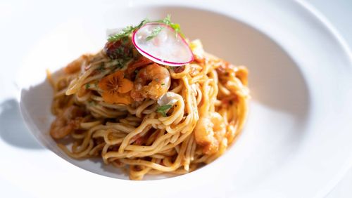 Shrimp pasta in white plate