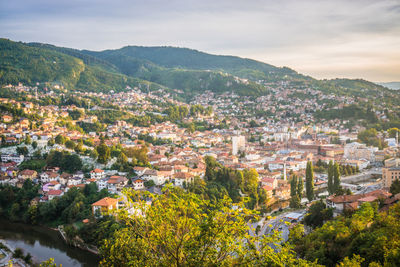 High angle view of townscape against sky