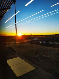 View of birds on land against sky during sunset