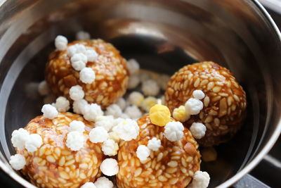 High angle view of sweet food in bowl