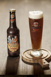 Close-up of beer glass on table