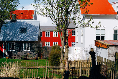 Houses and trees against sky in city