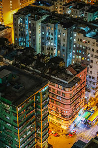 High angle view of illuminated buildings at night