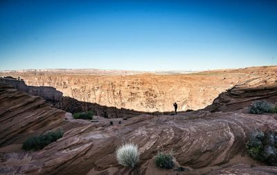 Scenic view of desert against clear blue sky