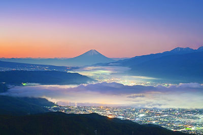 Aerial view of cityscape against sky during sunset