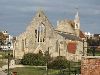 View of temple against building