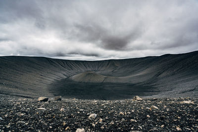 Scenic view of hverfjall against cloudy sky