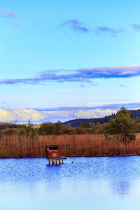 Scenic view of lake against blue sky