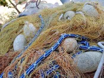 High angle view of fishing net at harbor