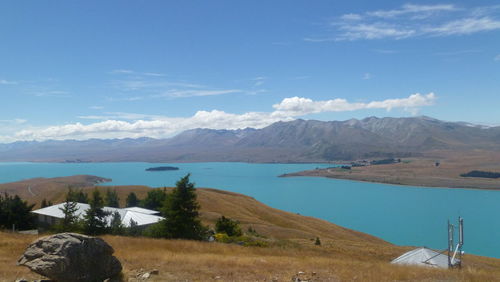 Scenic view of lake and mountains against sky