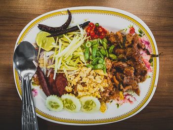 High angle view of breakfast served on table