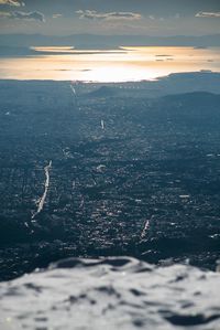 High angle view of cityscape during sunset