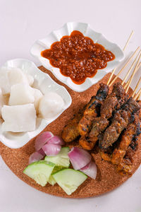 High angle view of breakfast served on table