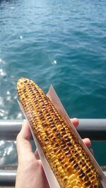 Midsection of person holding ice cream against sea