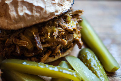 Close-up of pulled pork burger