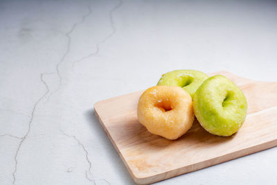 High angle view of fruits in plate on table