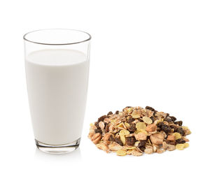 Close-up of drink in glass against white background