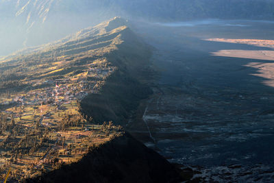 High angle view of buildings in city against sky