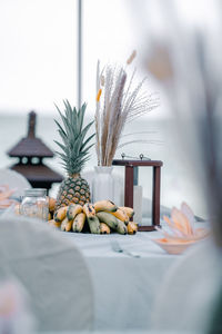 Close-up of pineapples on table