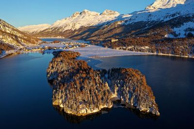 Panoramic view of lake and snowcapped mountains against sky