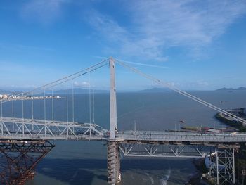 View of suspension bridge against cloudy sky