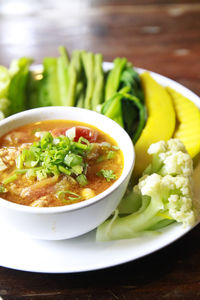 High angle view of soup in bowl on table