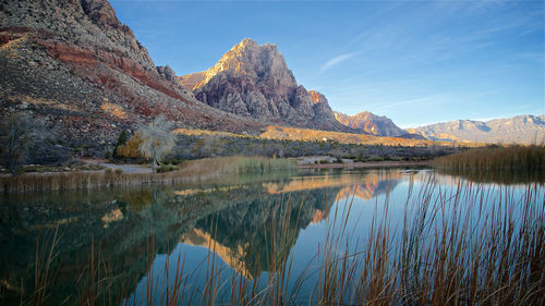 Scenic view of lake and mountains against sky