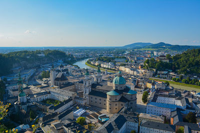 High angle view of buildings in city