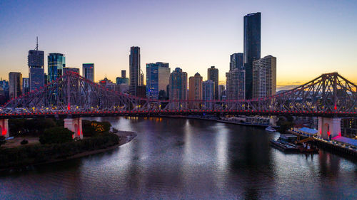 Bridge over river by buildings against clear sky