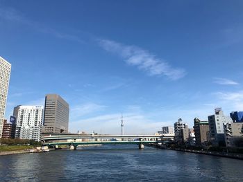 Bridge over river by buildings against sky in city