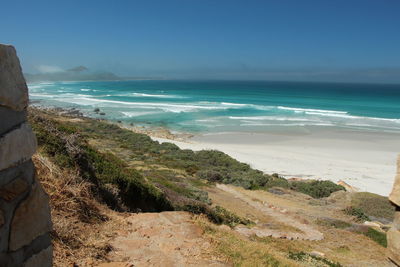 Scenic view of beach against clear blue sky